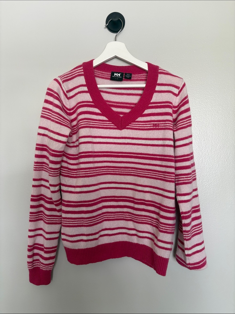 Helly Hansen Pink and White Striped V-Neck wool blend Sweater
